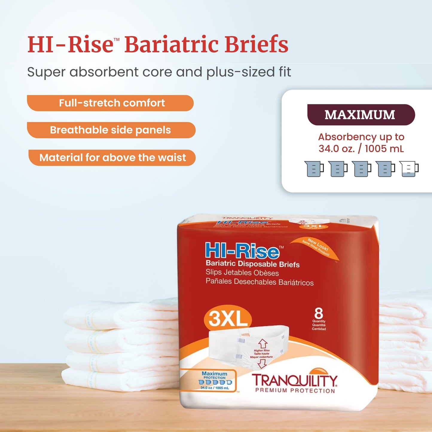 Tranquility Hi-Rise Bariatric Disposable Briefs - XXXL - 32 ct, Peach, 8 Count (Pack of 4)