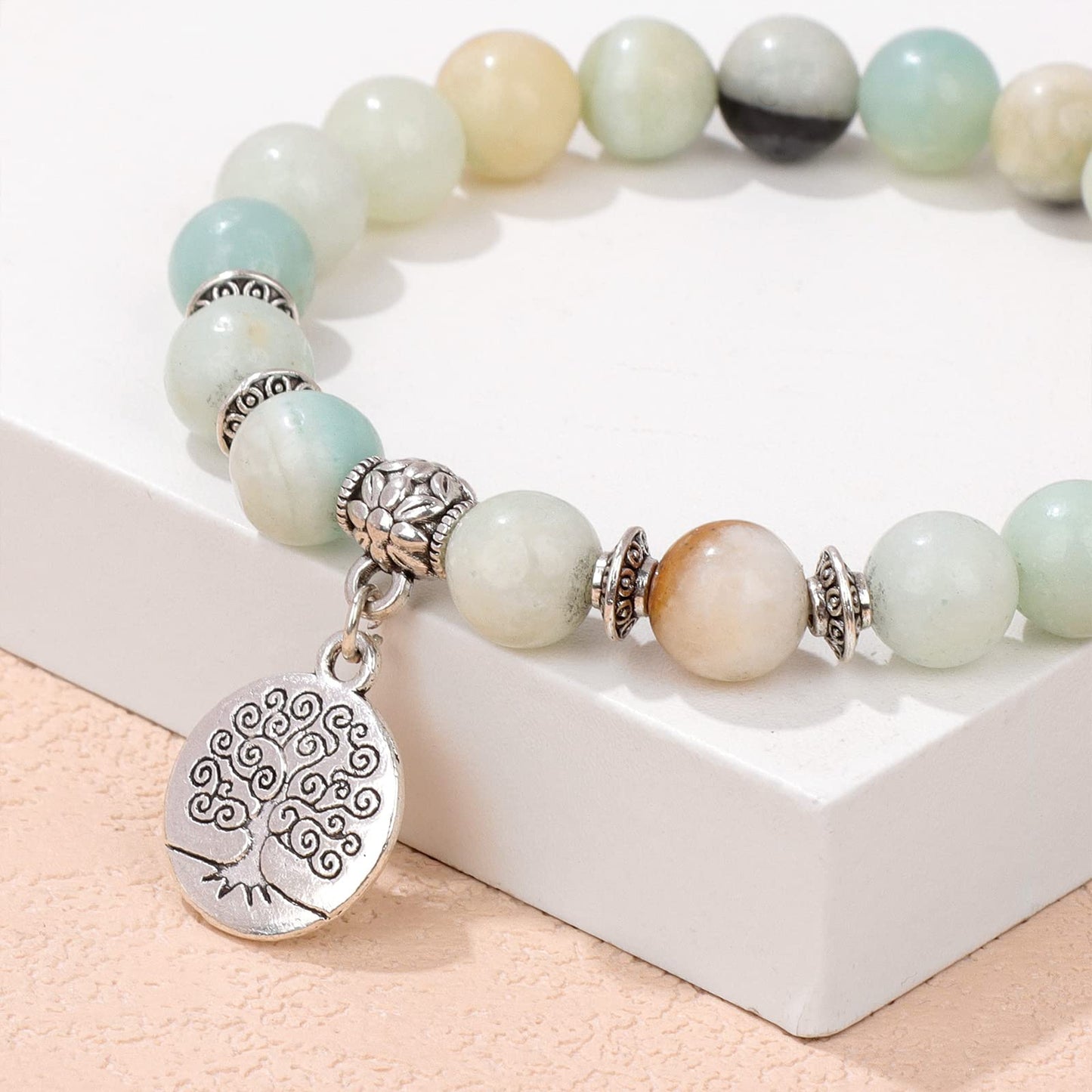 GolbalJew Healing Bracelet For Women Anxiety Amazonite Beaded Bracelets Jewelry Healing Stone Tree of Life Pendant Bracelet Stre