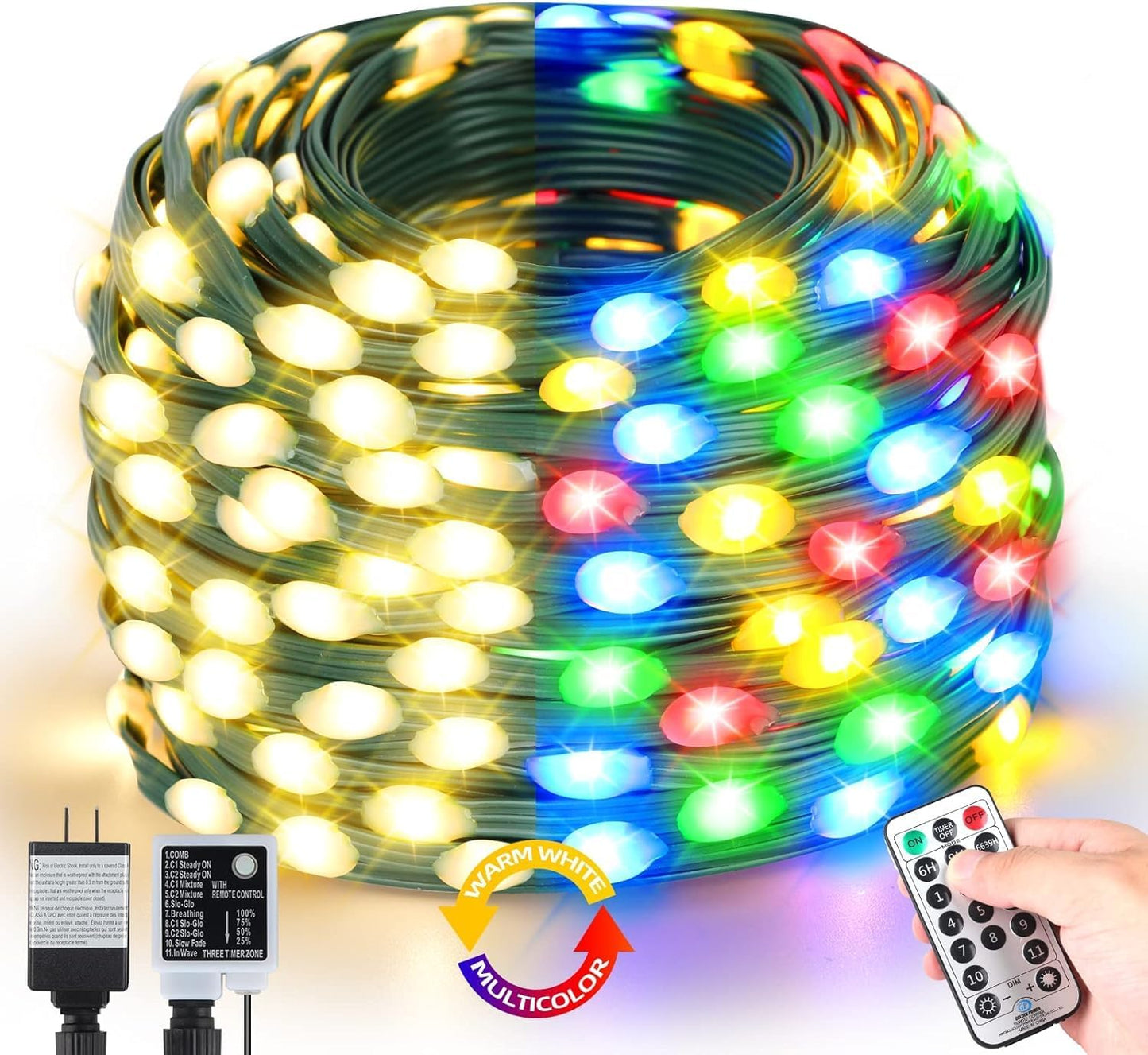 Tcamp Christmas Tree Lights, 306FT 1000 LED Color Changing, Remote, 11 Modes, Green Wire, Warm White + Multicolor, Model QL300AE