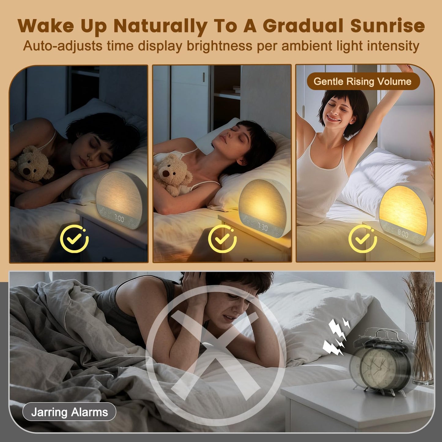JONRRYIN Sunrise Alarm Clock, Sound Machine Alarm Clock for Bedroom| Wake Up Light for Heavy Sleepers Gift- Bluetooth, Tap to Snooze, USB Charging, 37 Sounds, 15 Colors, Timer, Dual Alarms, Dimmable