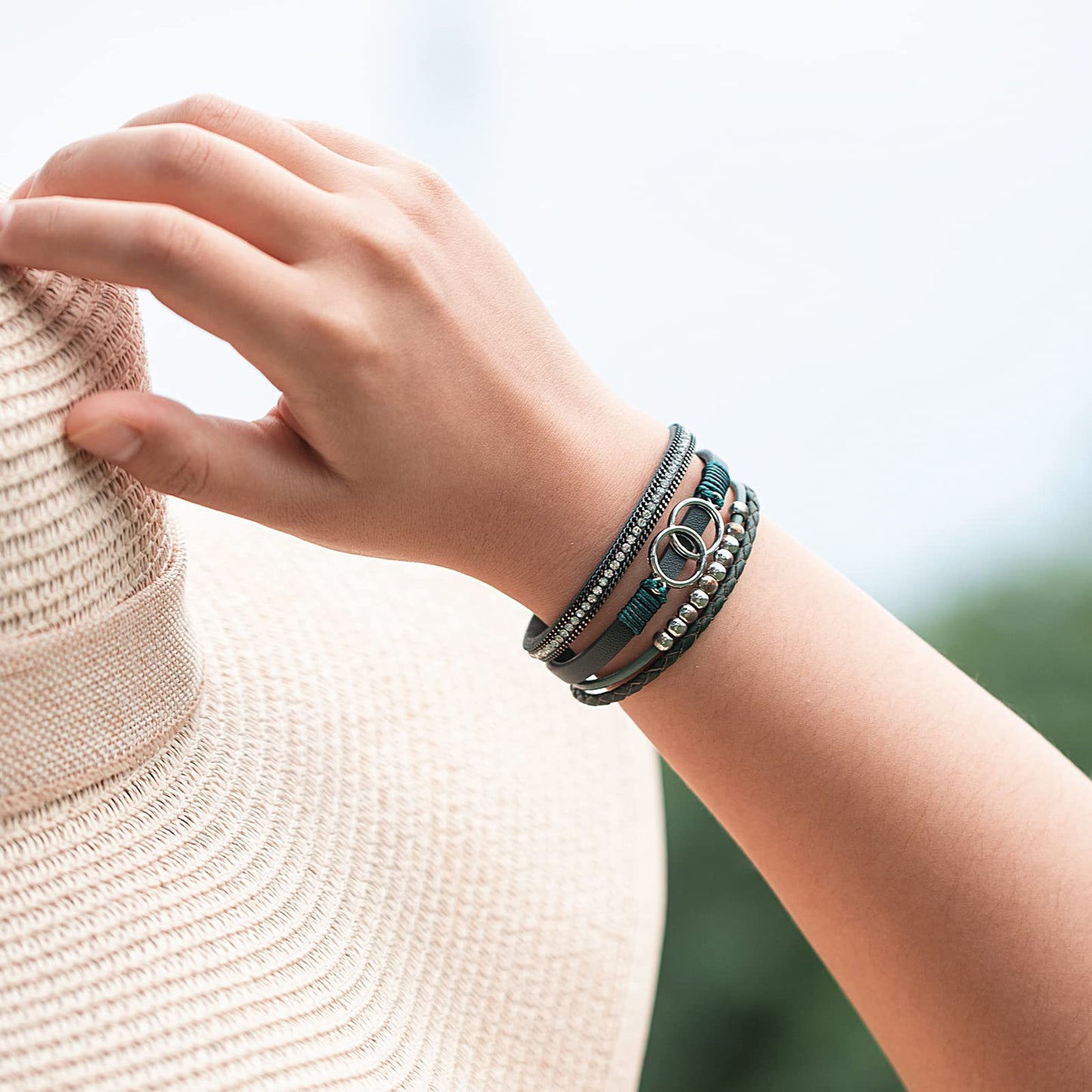FANCY SHINY Boho Wrap Bracelets Leather Cuff Bangle Beaded Bracelets for Women Stackable Infinity Bracelets Jewelry with Clasp(O