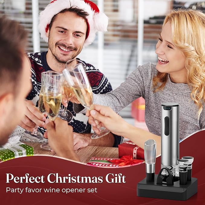 HomeHacks Electric Wine Opener, Automatic Wine Opener with Foil Cutter, Vacuum Stopper, Pourer, Rechargeable Wine Bottle Opener - Party Favor, Christmas Gift for Wine Lover