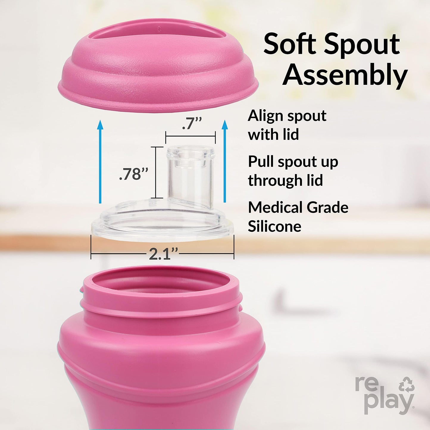 Re-Play 8oz Pack of 2 Transition Sippy Cups for Baby Toddler, Medical Grade Silicone Soft Spout & Travel Lid, Easy to Hold Hourglass Shape, Made in USA from Recycled Milk Jugs - Princess