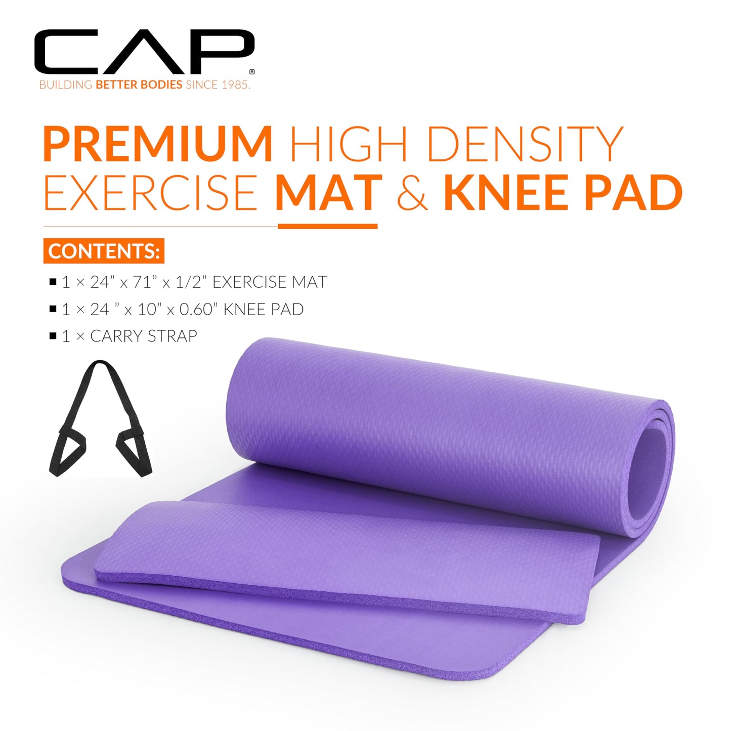 CAP Barbell Yoga Mat 1/2" Thick with Carrying Strap & Knee Pad - High Density Exercise Mat for Yoga, Pilates, Stretching, Floor & Fitness Workouts - 71''x24''x1/2" | Purple