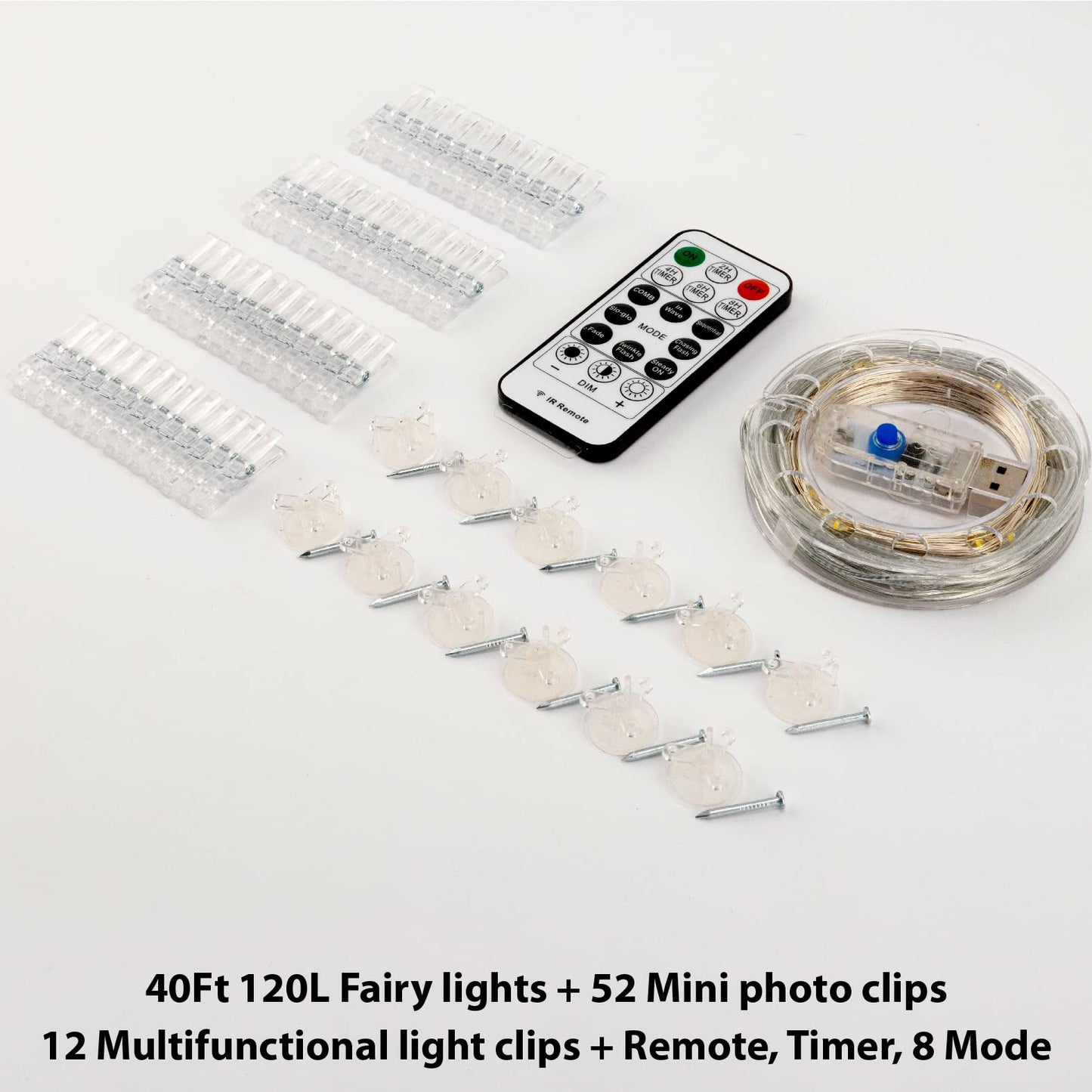 HXWEIYE Copper Wire String Light, 120LEDs, 40Ft, USB Powered, 8 Modes, White, with 52 Clips & 12 Hooks for Photos, Bedroom, Wedding