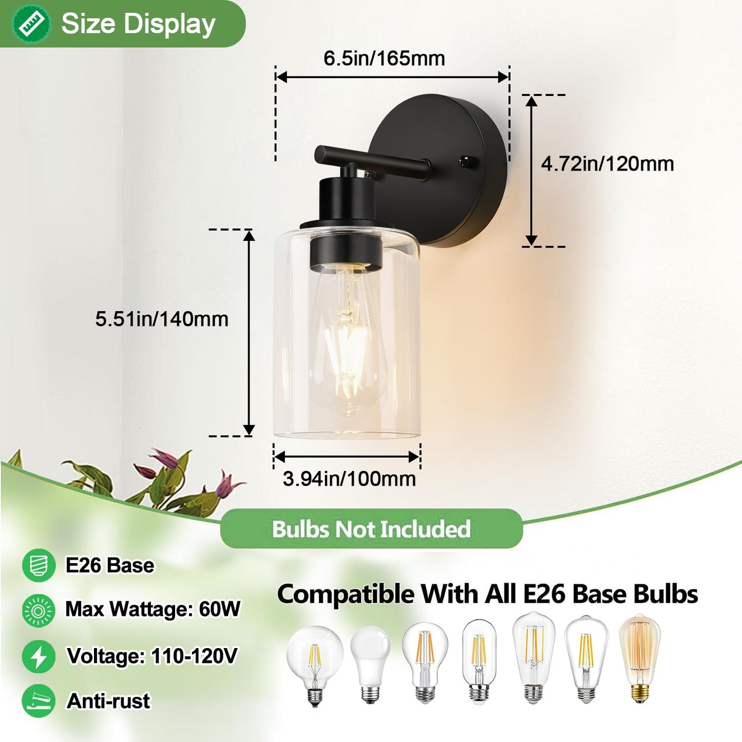 Zarbitta Set Of 2 Wall Sconces For Bathroom Black Modern Vanity Lights With Clear Glass Shade Bathroom Wall Lamp For Mirror Kitchen Living Room Hallway Cabinet Porch