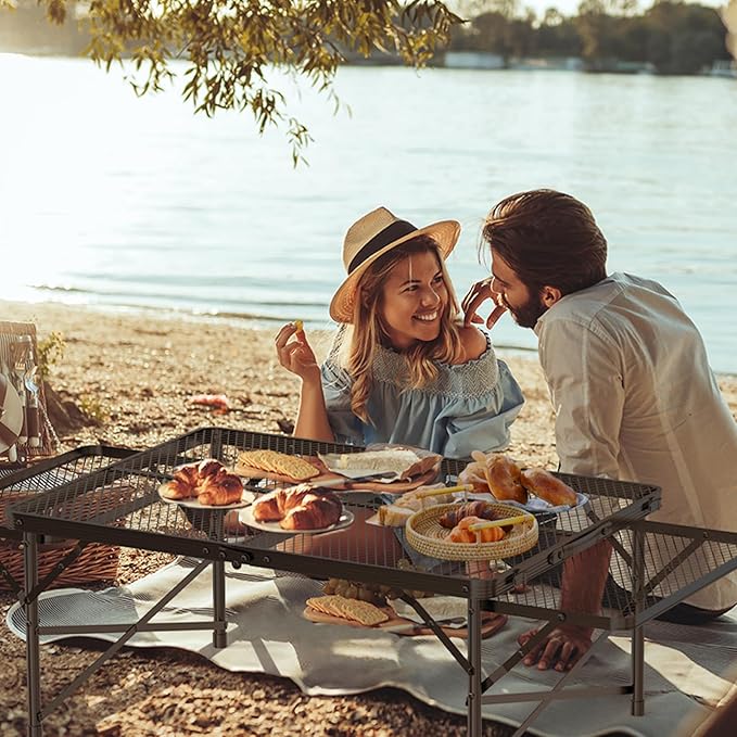 Folding Table with 2 Wing Panels, 3x2 FT Camping Table with Mesh Desktop,Height Adjustable Folding Grill Table with Mesh Bag,Portable Outdoor Table for Picnic,Camping,BBQ,Beach(Black)