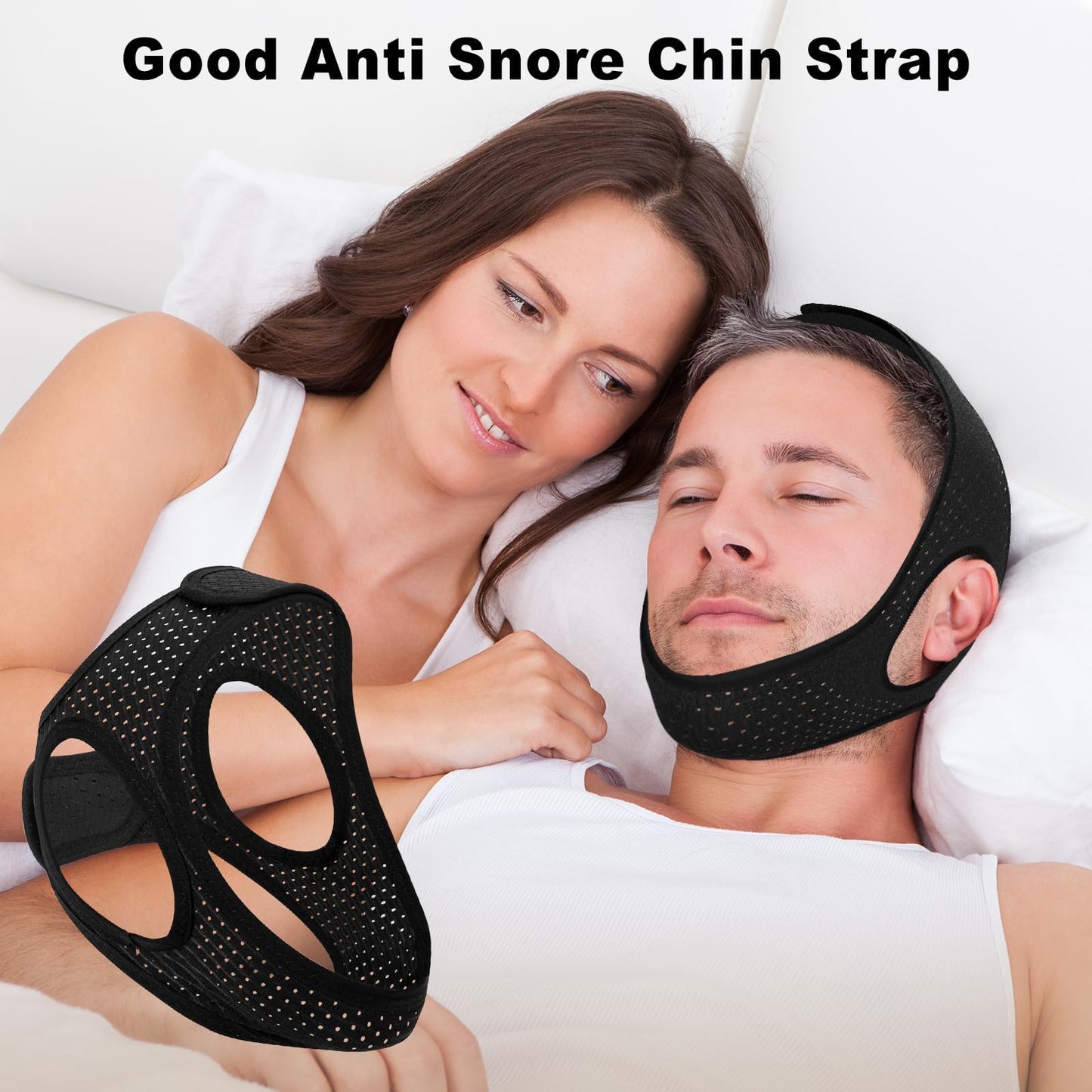 Sleep Apnea Devices - Chin Strap for Sleeping, Airflow Jaw Strap, Effective Anti Snoring Solution for Men and Women, Anti Snore Devices Breathable and Reusable (Black & 52CM & 1PCS)