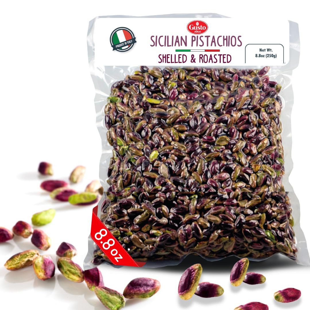 Sicilian Roasted Pistachios No Shell, Whole Shelled Pistachios Unsalted, 8.8 Oz (250 Gr), Natural Purple Color, Pistachio Nuts F