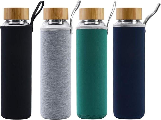 Glass Water Bottle 32 oz Wide Mouth with Sleeve Bamboo Lid Motivational Water Bottle With Time Marker Reusable Safe for Hot Cold Drinks Bpa Free (Navy Blue)