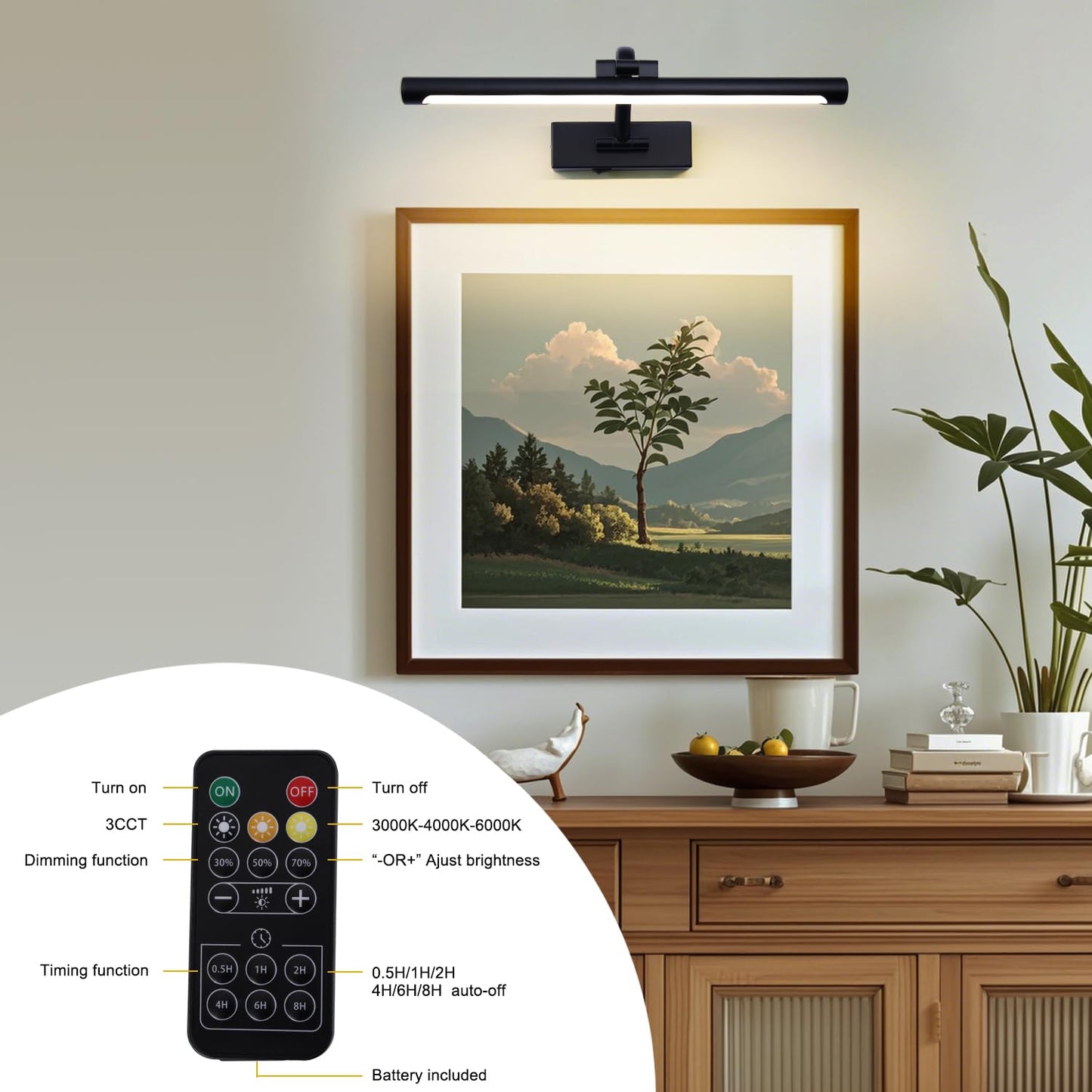 Black Picture Lights Battery Operated 16 Frame Light Rechargeable Gallery Lighting Remote Wireless Art Light For discomfort-reducingting Dimmable Display Lights With Timer Wall Sconce For Portrait Dartboard