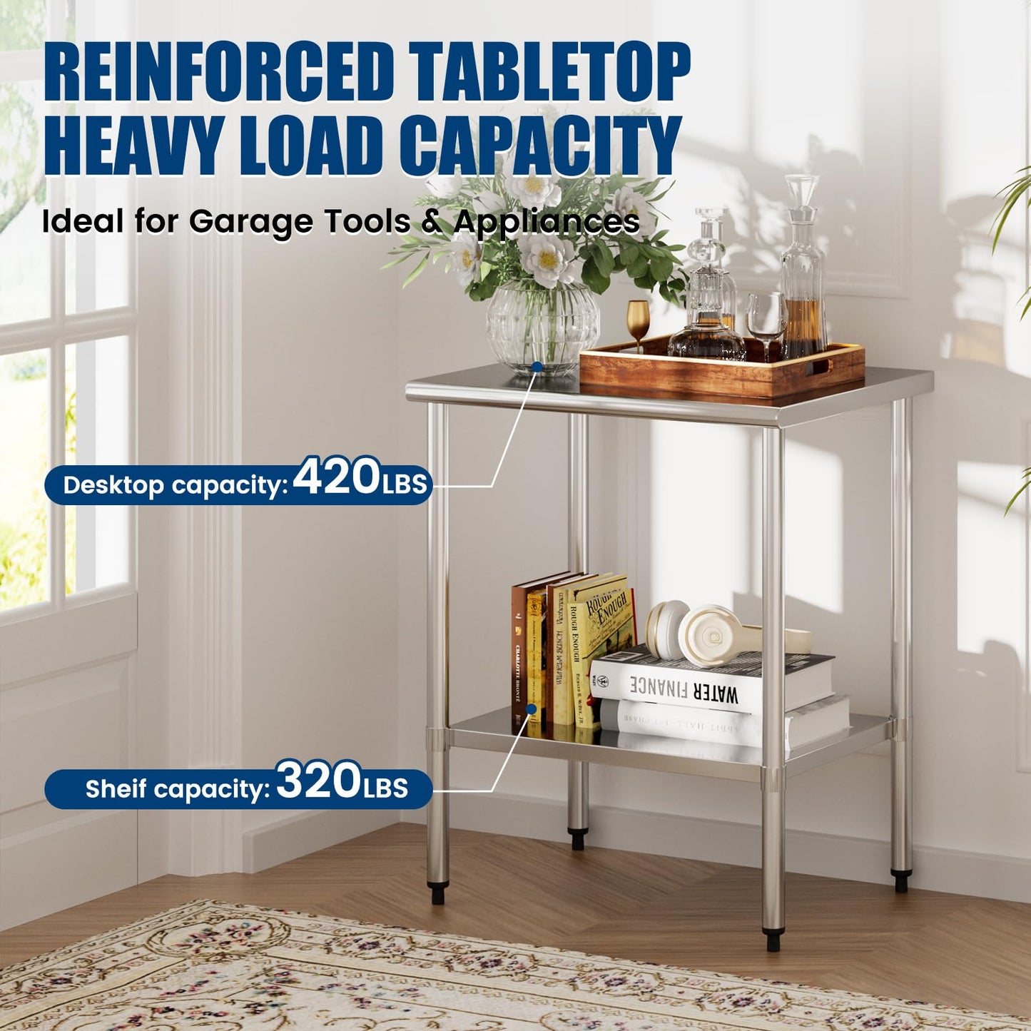 Stainless Steel Work Table 24 x 30 Inch with Adjustable Undershelf, Heavy-Duty Metal Prep Table for Commercial Kitchen & Restaurant, Garage, Outdoor