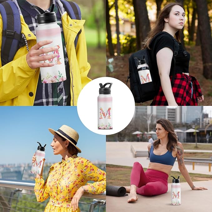 Personalized 32oz Water Bottle with Straw Customized Initial Letter Sport Bottles Monogrammed Initial Insulated Bottle Coffee Mug for Travel (M)