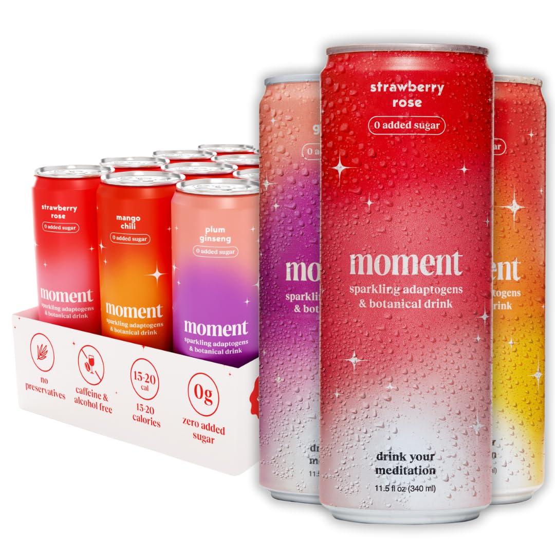 Moment Adaptogen Drink (Shark Tank) - SPARKLING Fruity Fun | Strawberry Rose Mango Chilli Plum Ginseng | L-Theanine & Ashwagandha for Calm & Clarity | 0 Added Sugar 0 fermented-style flavor | 12-pack