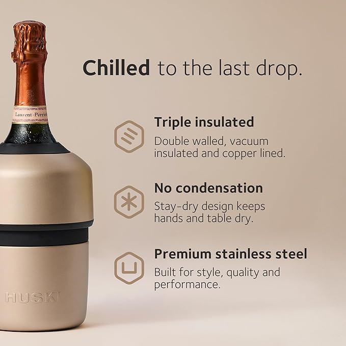 Huski Champagne Chiller | NEW | Award-Winning Iceless Design with Detachable Bottle Stopper | Keeps Wine Cold up to 6 Hours | Fits most 750ml Champagne, Prosecco & Sparkling Wine Bottles (Powder Pink)
