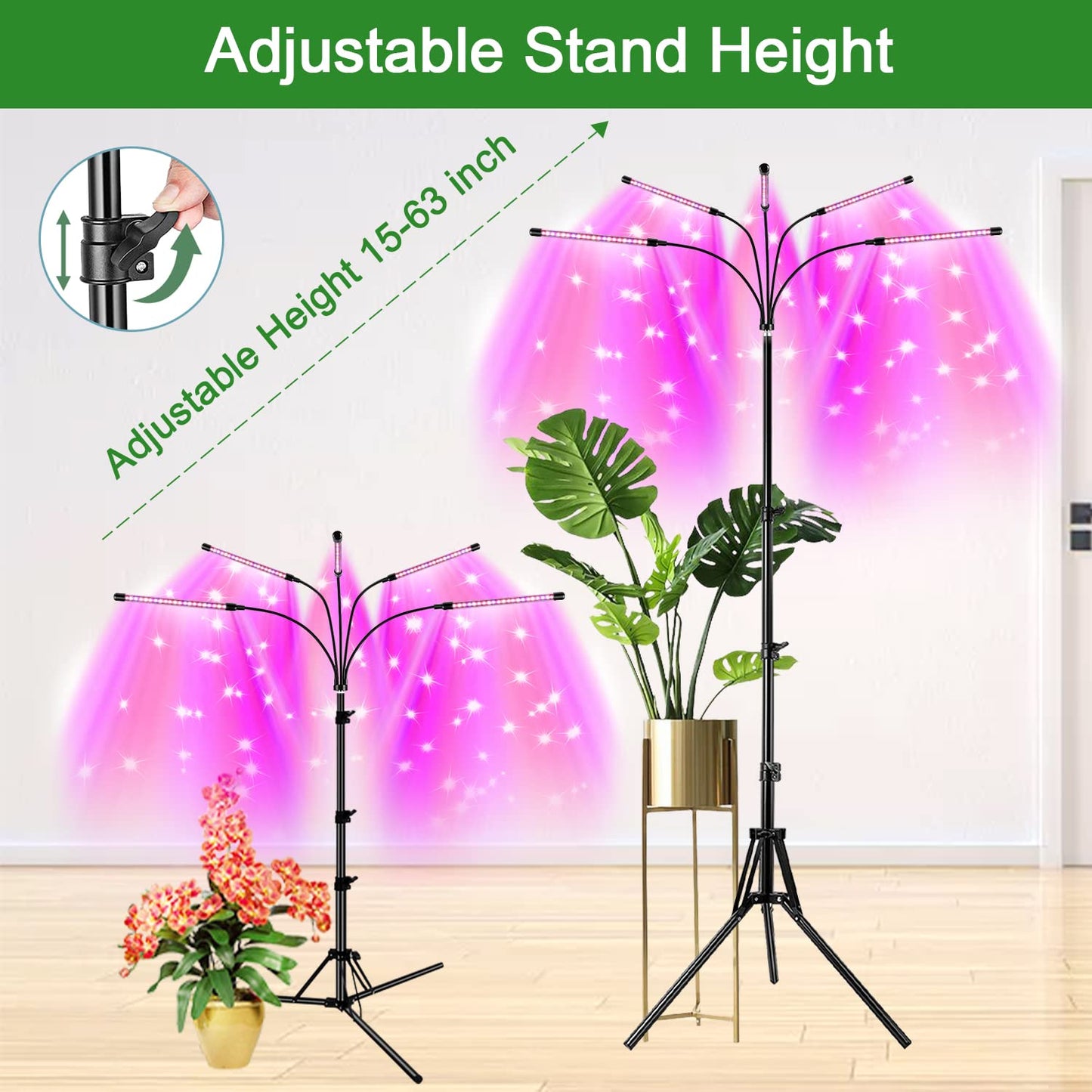 Garpsen Grow Light with Stand, 5 Heads, Full Spectrum LED, Adjustable Tripod, Model BL-C100G, Color A-Red Blue