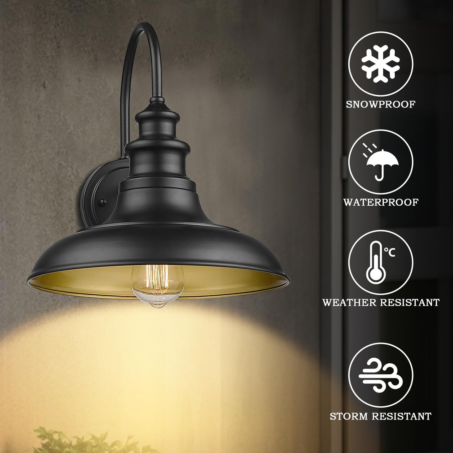 Diyel Gooseneck Outdoor Barn Light Fixture Black Iron Wall Sconce, Model RZ004BK-1, 11-RZ004-1PACK