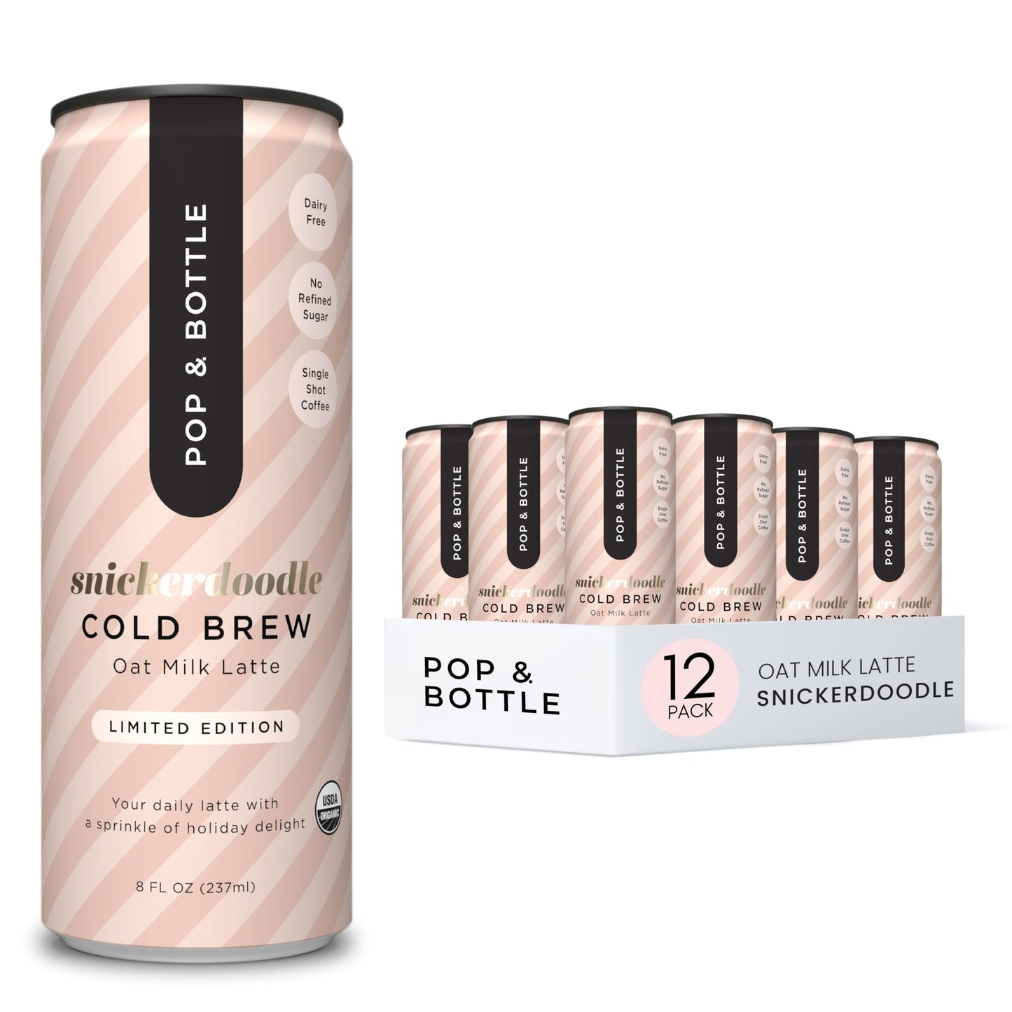 Pop & Bottle Oat Milk Lattes- Cold Brew Cold Brew Coffee Cans Canned Coffee Iced Coffee Organic Dairy Free Gluten Free Lightly Sweetened with Coconut Nectar- Snickerdoodle 8 Fl Oz (12 Pack)