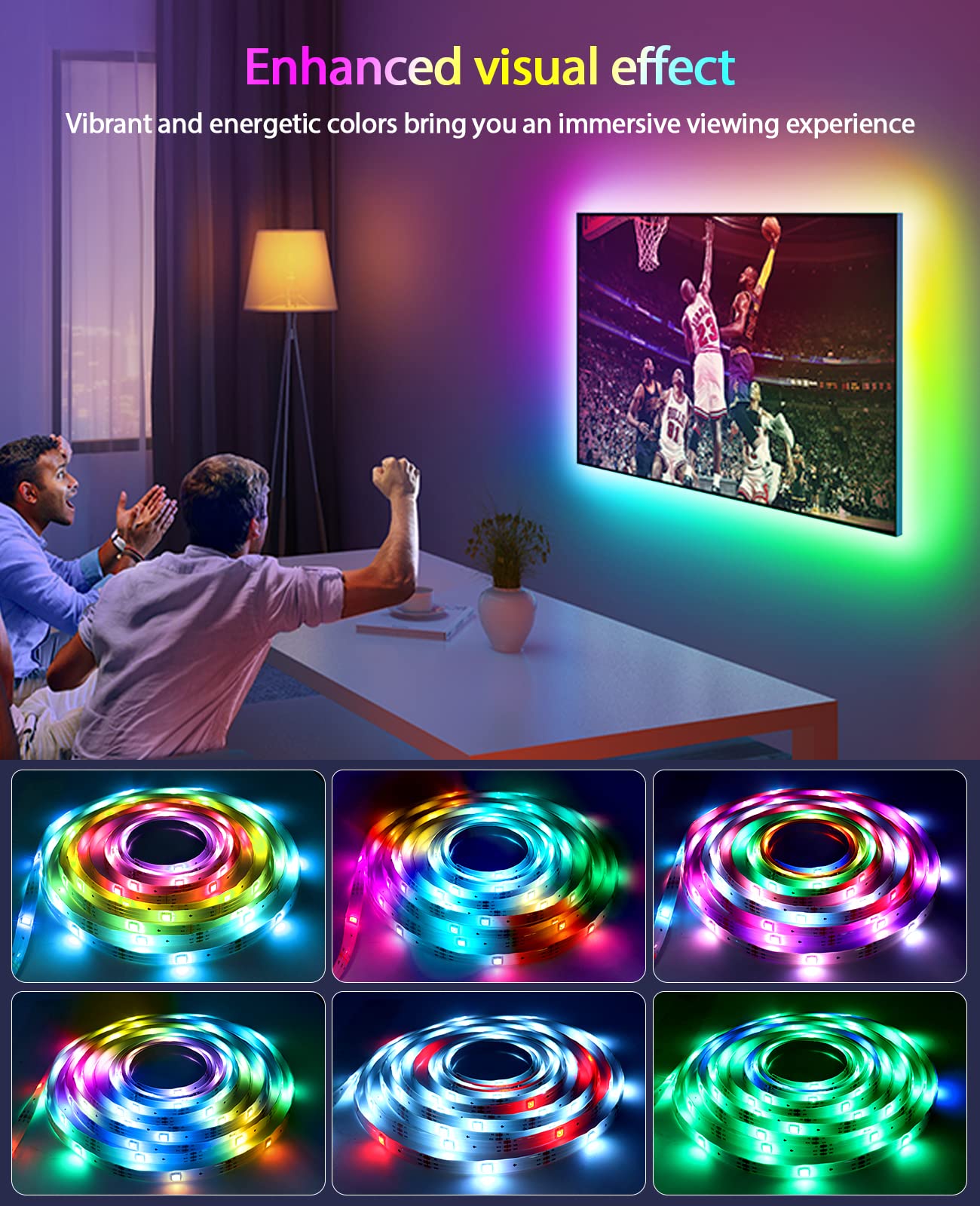 Daymeet TV LED Backlight, 13.1ft RGB USB Strip Lights, Dreamcolor, Sync with Music, Bluetooth APP Control, for 45-60inch TV/Monitor