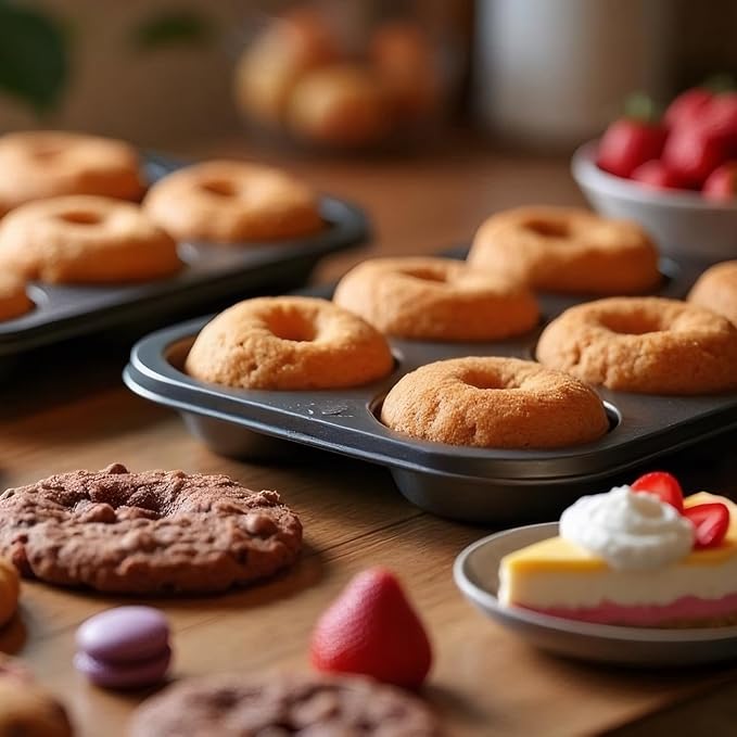 Donut Pans, Non-stick Baking Pans 6-Cavity with a Scraper for 2.5" Donuts, Bagels, and More(2-Count, Grey)