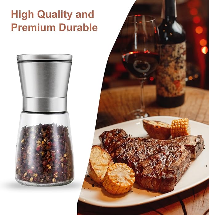 Premium Manual Pepper Grinder Mill with Stainless Steel Cap, Ceramic Blades and Adjustable Coarseness Grinder for Fresh Ground Pepper, Salt and Spices, 6 oz Glass Body (Single Package)
