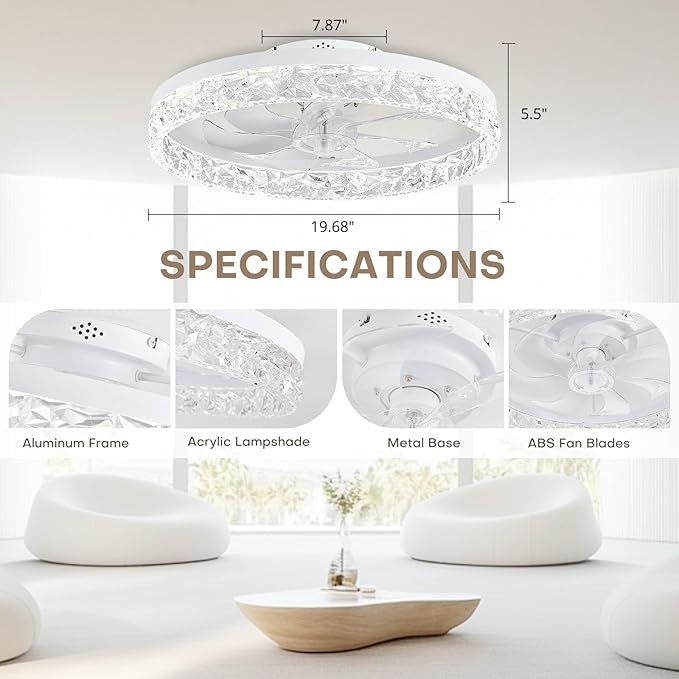 STERREN Ceiing Fan with Light, 19.7'' Low Profile Crystal Ceiling Fan with Remote Control, Modern Flush Mount LED Ceiling Fans, Bladeless White Fandelier for Bedroom, Living Room, Kitchen
