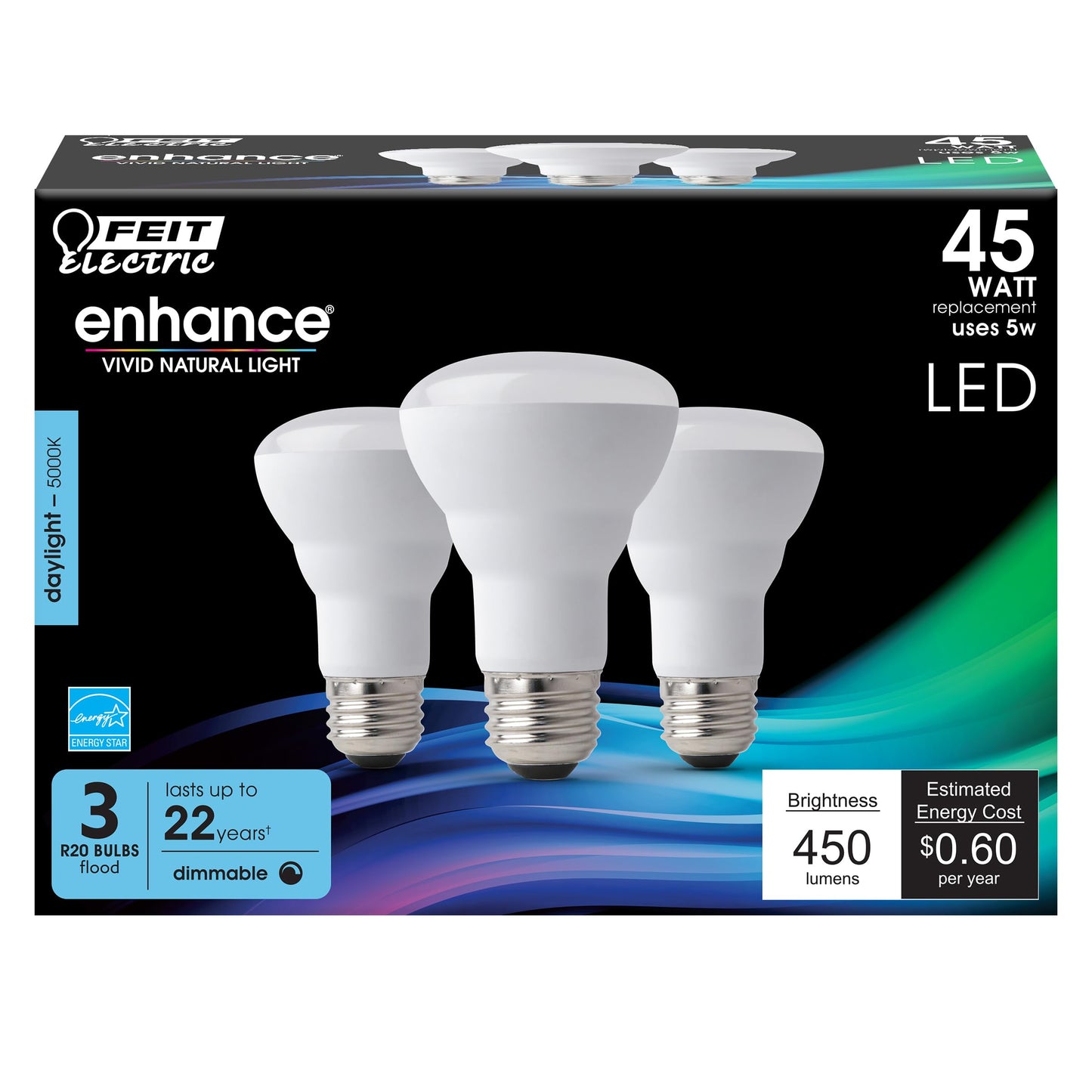 Feit Electric R20 LED Light Bulb, 45W Equivalent, Dimmable, 5000K Daylight, E26 Base, 3 Pack