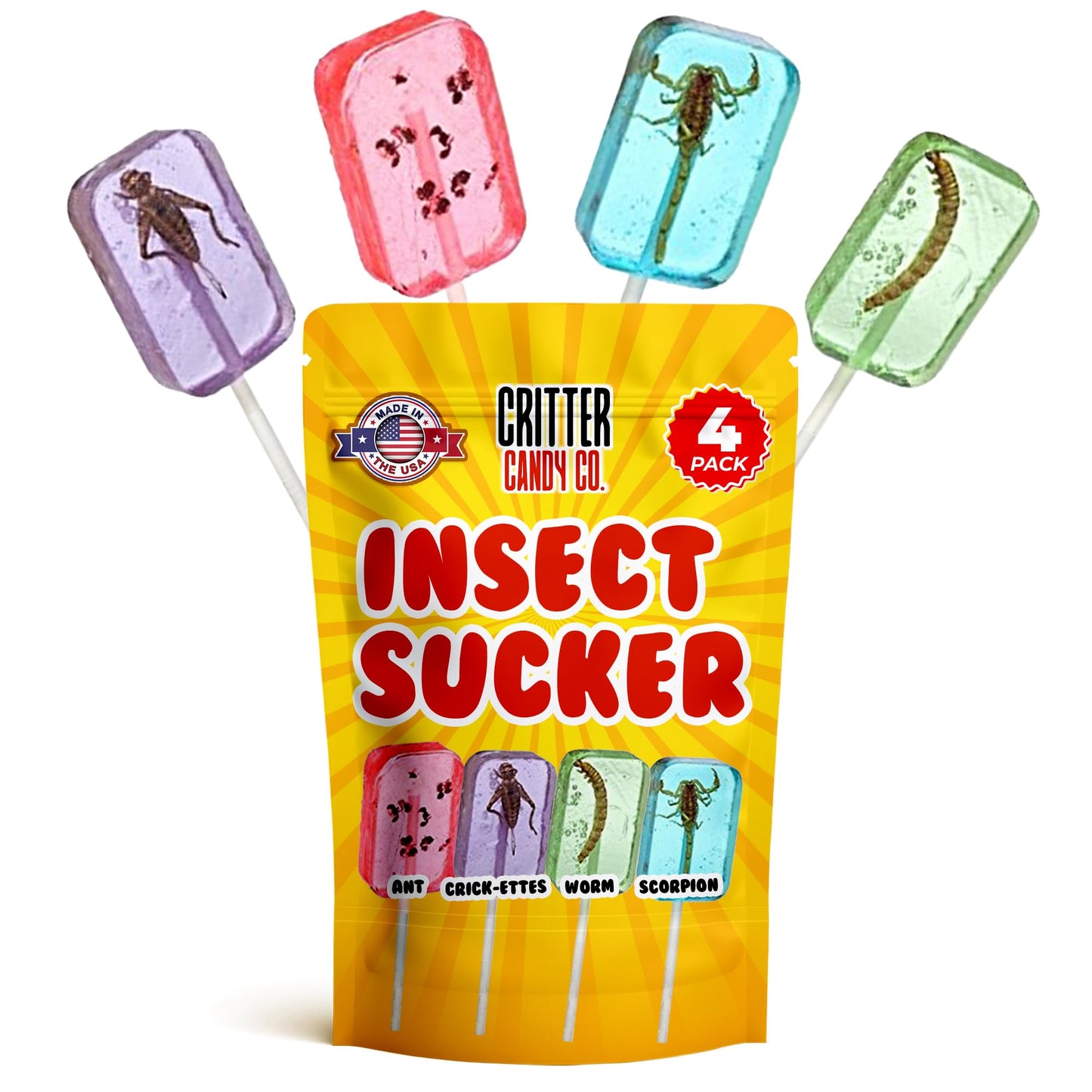 HotLix Insect Lollipops (4-Pack) | Includes Scorpion Worm Ants Cricket | Bug Candy Suckers Individually Wrapped | Bug Lollipops with Real Edible Insects | Weird Candy Pack