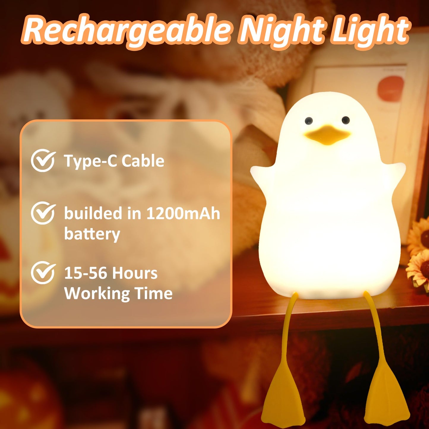 Anywin Duck Night Light, Silicone Rechargeable Lamp, Dimmer, Model FS-S001-AW, Cute Gift for Kids and Teens, Color: Duck