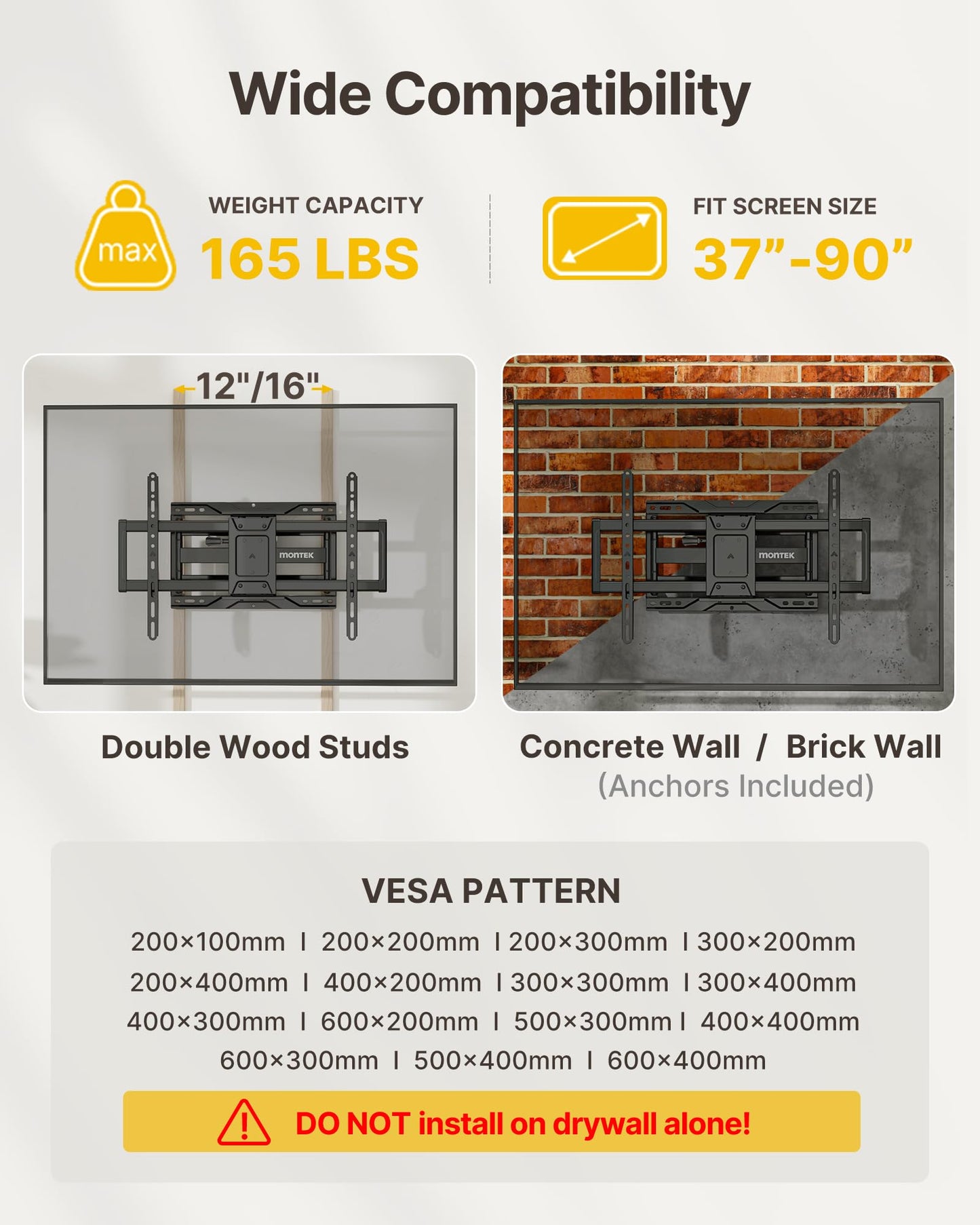 monTEK Heavy Duty TV Wall Mount for 37-90 inch TV up to 165lbs, 4X Load Tested, Full Motion with Dual Articulating Arms, Tool-Free Tilt, Swivel & Extend, VESA 200x100 to 600x400, Fits 12“/16" Studs