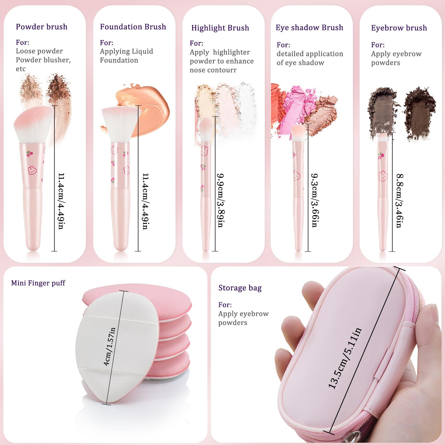 5Pcs Pink Printed Travel Makeup Brushes With Bag and 5Pcs Finger Puff Cosmetic Tool Kit Soft synthetic Fiber for Foundation, Pow