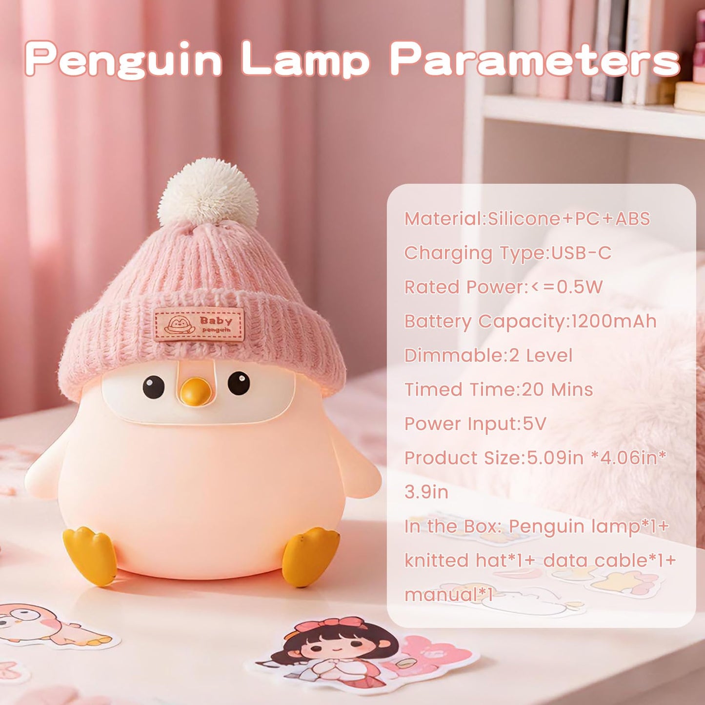 Famiduo Penguin Silicone Night Light Cute Pink Penguin Lamp With Knitted Hat Soft Nursery Nightlight Usb Rechargeable/Dimmable Led Squishy Novelty Animal Bedside Lamp Funny Gifts For Kids/Girls