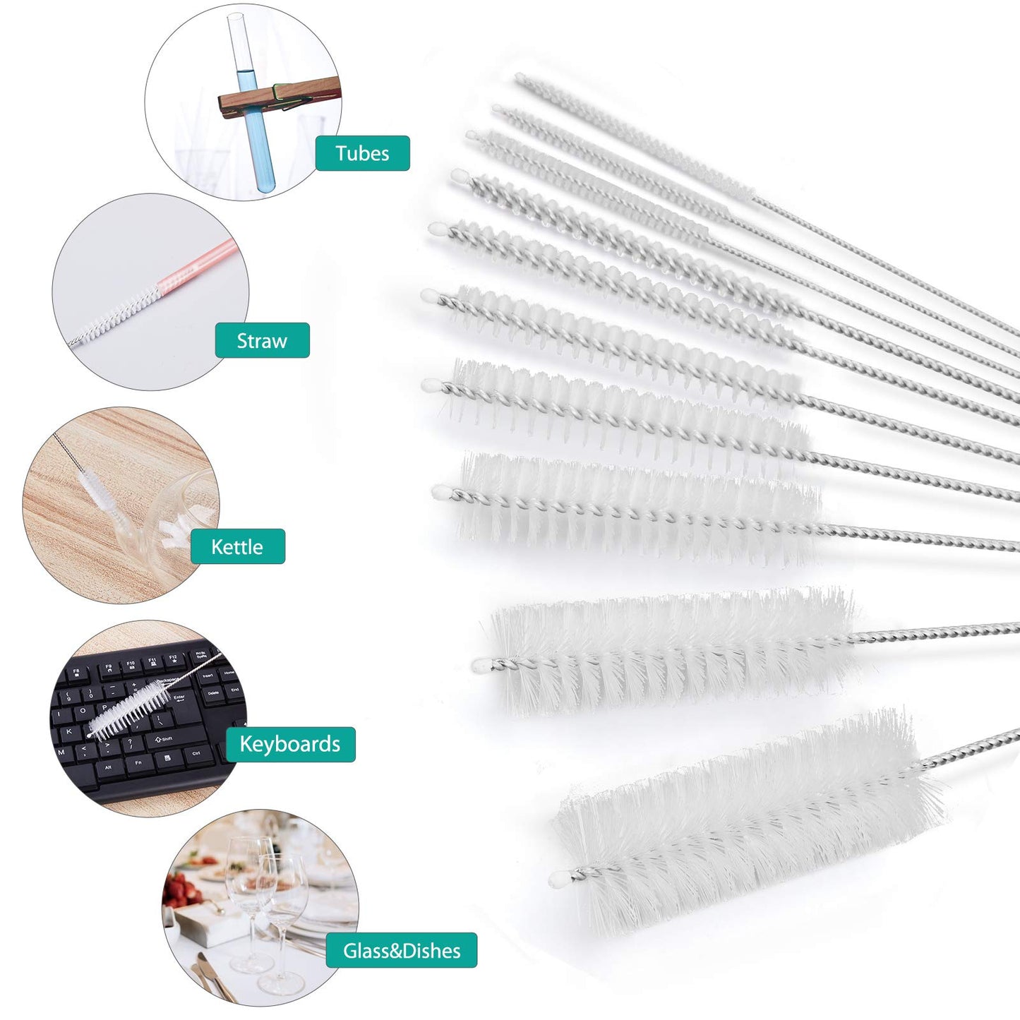 CiaraQ Bottle Cleaning Brushes, 8 Inch Nylon Tube Brush Set, Cleaner for Narrow Neck Bottles Cups with Hook, Set of 10pcs.
