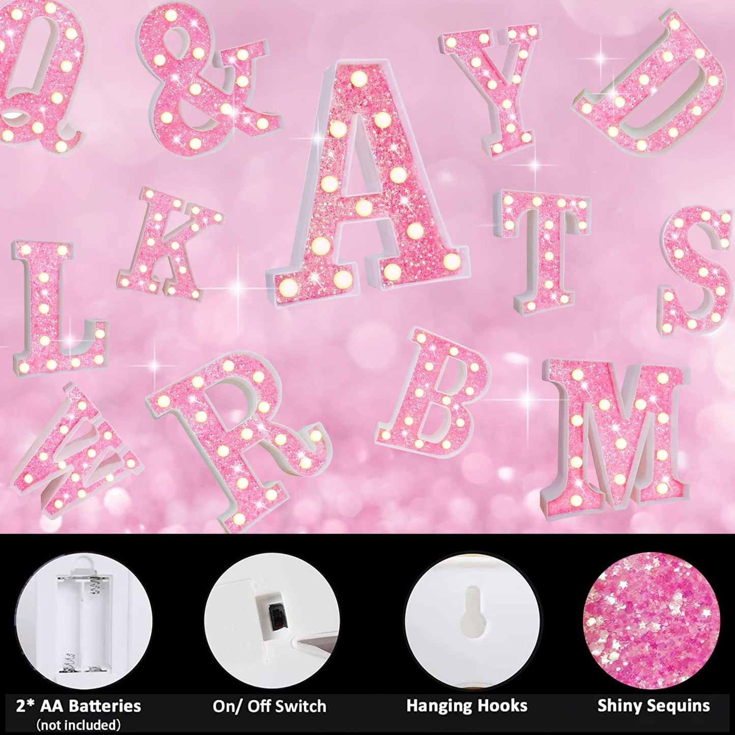 Elnsivo Pink Led Marquee Letter Lights, Glitter Alphabet Sign, Battery Powered Night Light For Girls Bedroom, Party & Home Decor