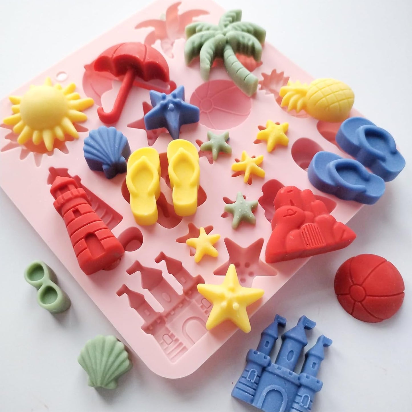 Summer Beach Theme Chocolate Molds, 2PCS Summer Party Fondant Candy Jelly Baking Ice Cube Silicone Molds, Coconut Tree Sun Shell Starfish Marine Cake Decor Mold, Unique Resin Candle Soap Mold