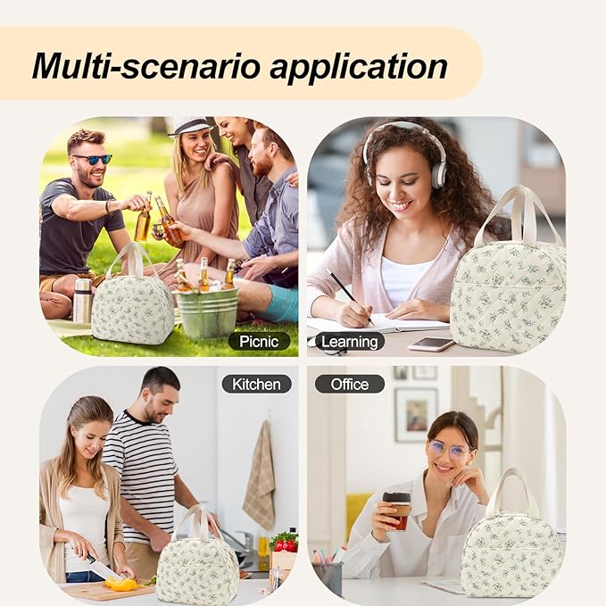 Lunch Box for Women,Cute Quilted Lunch Tote Bag,Reusable Insulated Lunch Box,Large Capacity Cooler Bag with Compartments for Work, Picnics or Travelling