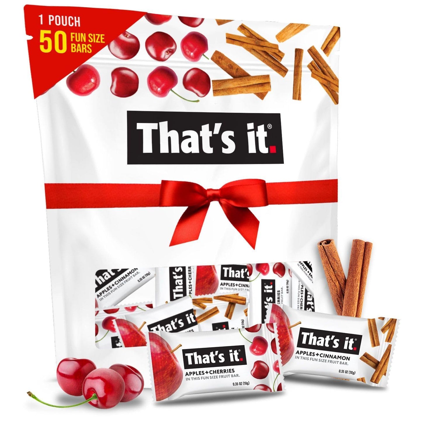 Thats it. Fun Size Fruit Bars Variety Pack (50 Pieces 10g Each) Non-GMO Kosher Gluten Free Breakfast Snacks Allergy Friendly (Cherry-Cinnamon)