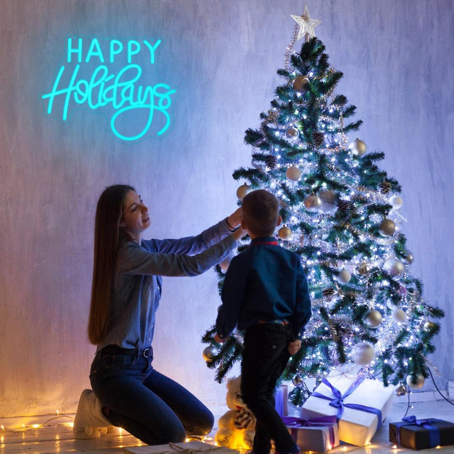 Lmsignly Happy Holidays Neon Sign For Wall Decor Blue Holiday Neon Lights Dimmable Led Christmas Neon Signs For Christmas Thanksgiving New Year