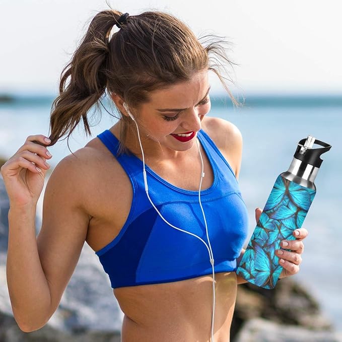 Blueangle Blue Butterfly Water Bottle with Straw Lid for Fitness Gym Camping Outdoor Sports, Wide Mouth Vacuum Insulated 18/8 Stainless Steel, 22 oz