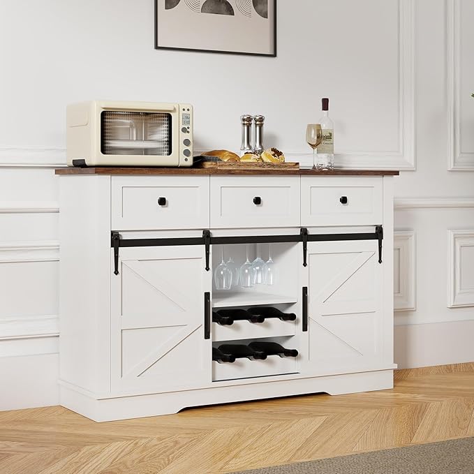 Kmax Farmhouse Wine Bar Cabinet w, 54” Buffet Cabinet with Storage, Rustic White Coffee Bar Cabinet with Sliding Barn Doors, Wine/Glass Rack & 3 Drawers for Living, Dining Room, Brown Top