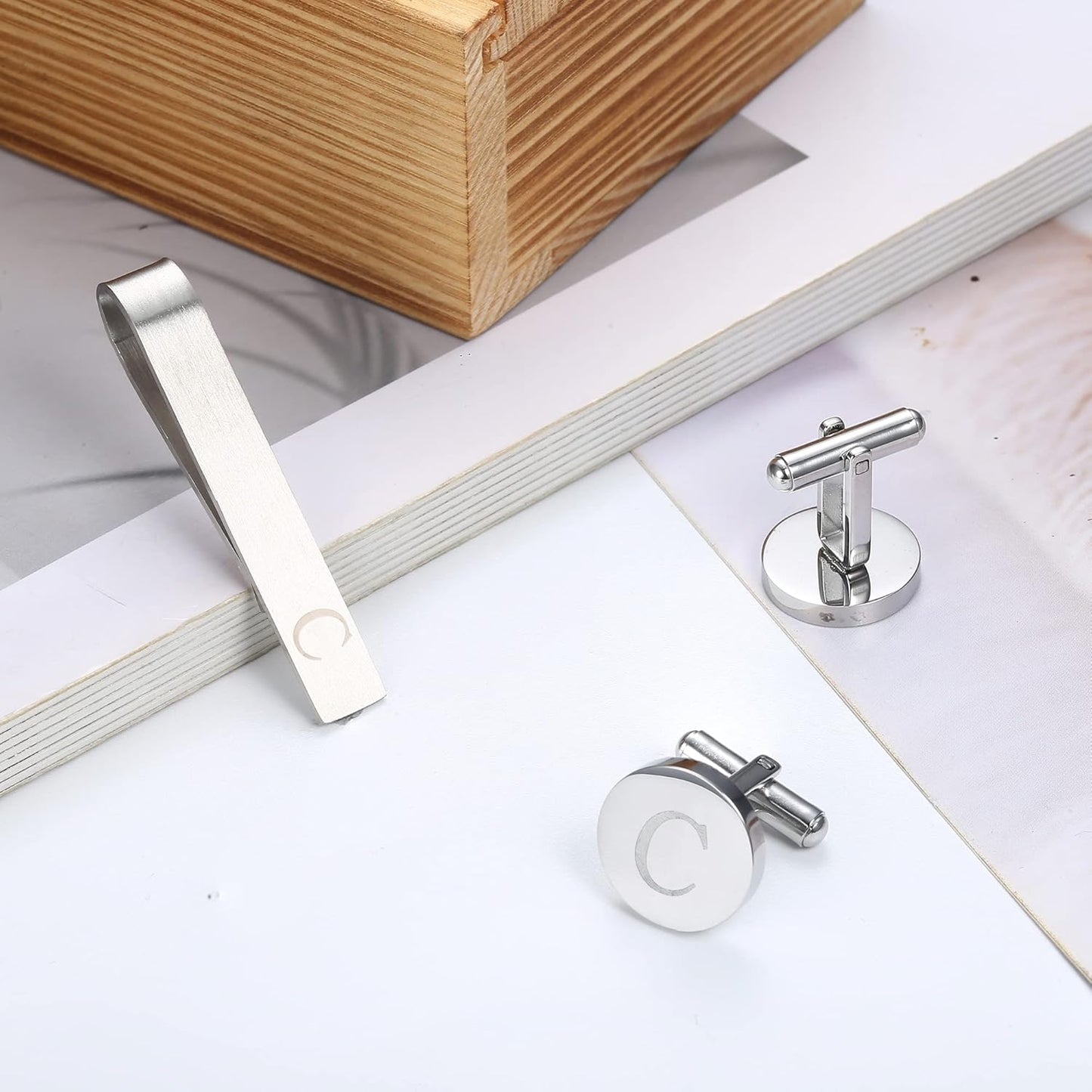 LOYALLOOK Stainless Steel Engraved Initial Cufflinks and Tie Clip Bar Set Alphabet Letter With Gift Box A-Z