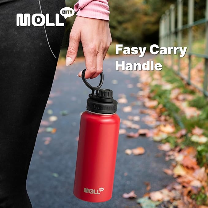 Insulated Water Bottle-32 oz Stainless Steel Vacuum Wide Mouth Sports Water Flask with Spout Lid-Reusable Metal Travel Water Bottle with Silicone Boot, BPA-Free(Canyon Red)