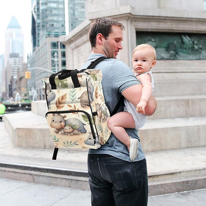 Cute Hippos Diaper Bag Backpack, Unisex Travel Baby Backpack Diaper Bags with Stroller Straps & Pacifier Case, Large Capacity Waterproof Diaper Backpack
