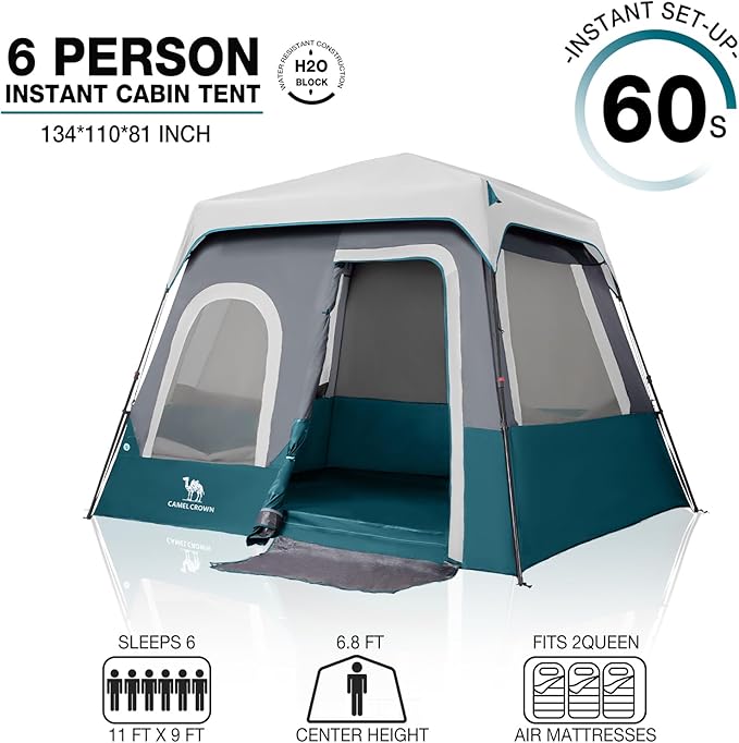 CAMEL CROWN Cabin Tent with 1-Minute Setup, 4/6 Person Instant Tent with Weatherproof Floor