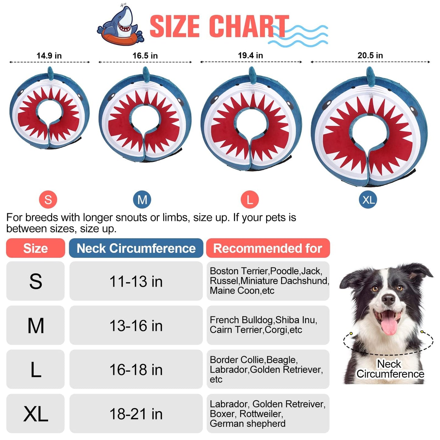 BEAUTYZOO Dog Cone Alternative After Surgery for Large Medium Small Dogs, Soft Inflatable Cone Collar for Dogs Cats, Pet Neck Donut E Collar Dog Recovery Collars to Stop Licking, Shark Blue, L