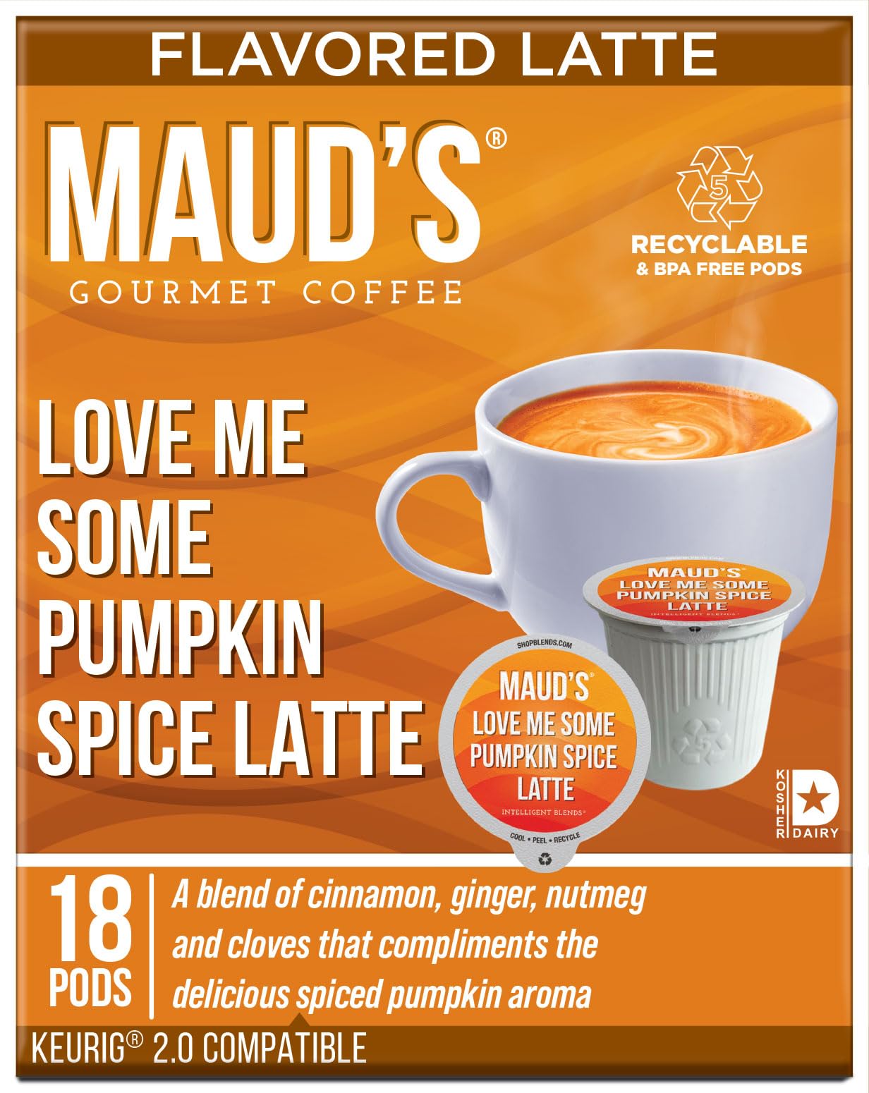 Mauds Pumpkin Spice Latte Coffee Pods 18 ct | Love Me Some Pumpkin Spice Latte | 100% Arabica Coffee | Solar Energy Produced Recyclable Single Serve Coffee Pods Compatible with Keurig K-Cup malt-inspired