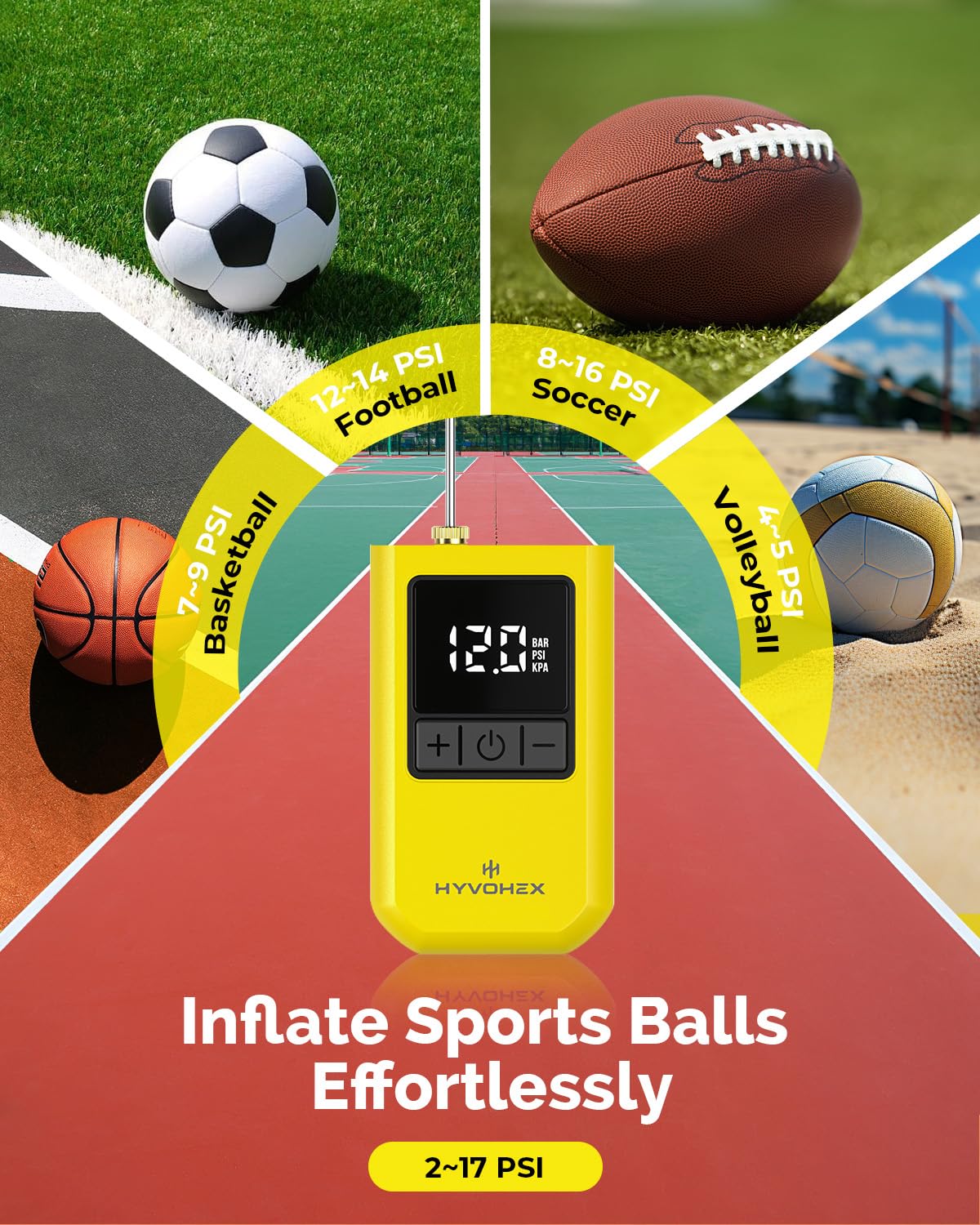 Ball Pump for Sports Balls, HYVOHEX Portable Electric Basketball Pump Ultra Fast Inflation, with Digital LED Display Air Pump for Balls, Preset Pressure with Ball Needle for Soccer, Volleyball