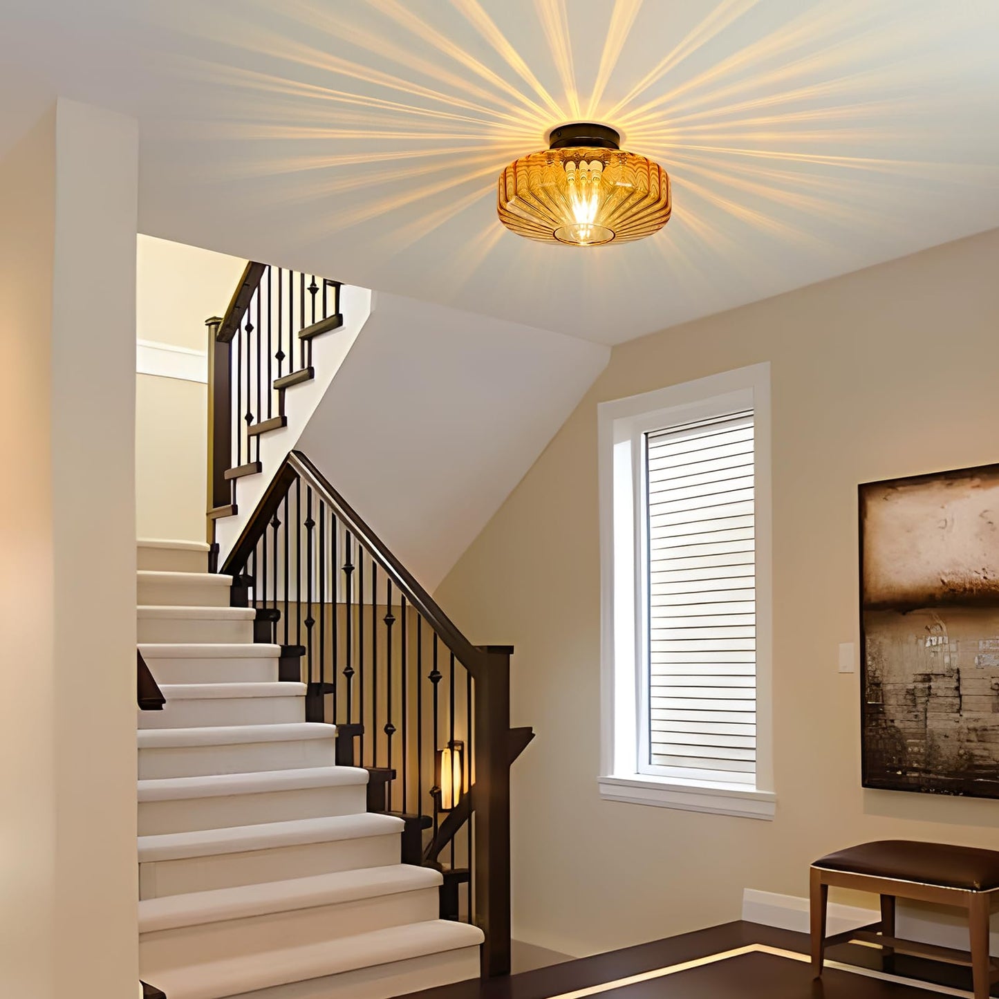Glass Semi Flush Ceiling Lights - 12 In Vintage Mid Century Modern Lighting Fixture - Drum Unique Art Deco Amber Mount Light Fixtures For Hallway Entry Way Hall Kitchen Dining Laundry Room Foyer Porch