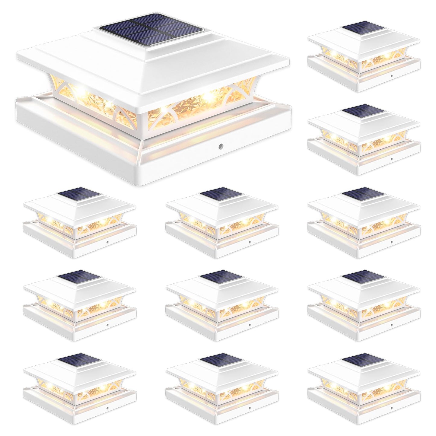 JOFIOS Solar Post Cap Lights Outdoor 12pack, White Deck Fence Post Lights Solar Powered with 16LEDS 2 Lighting Modes, 4x4/5x5/6x