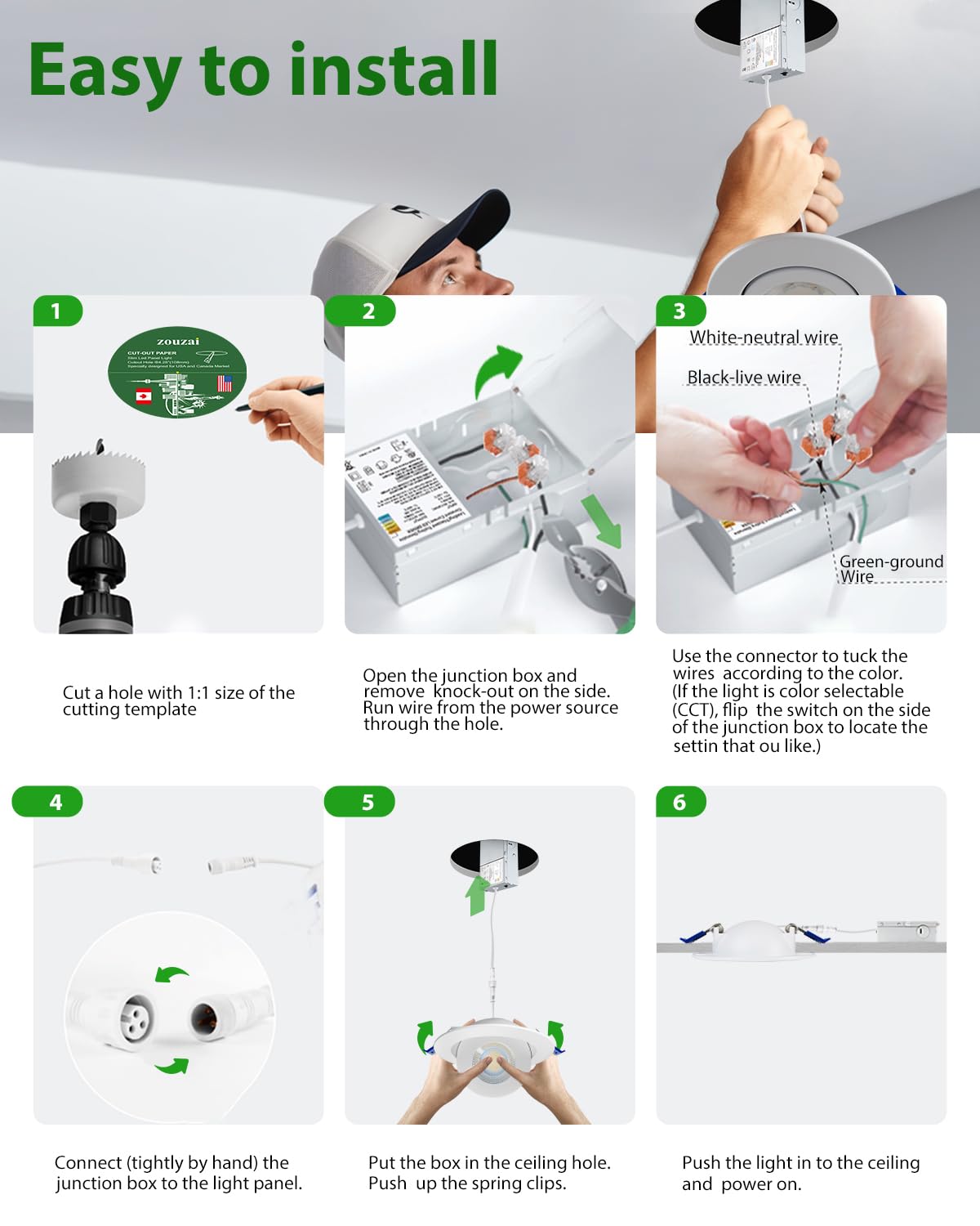 Zouzai 6 Inch 5Cct Gimbal Led Recessed Lights 360+90 Adjustable Directional Recessed Lighting 2700K/3000K/3500K/4000K/5000K Dimmable Retrofit Eyeball Can Lights With Jbox Etl(White 1 Pack)